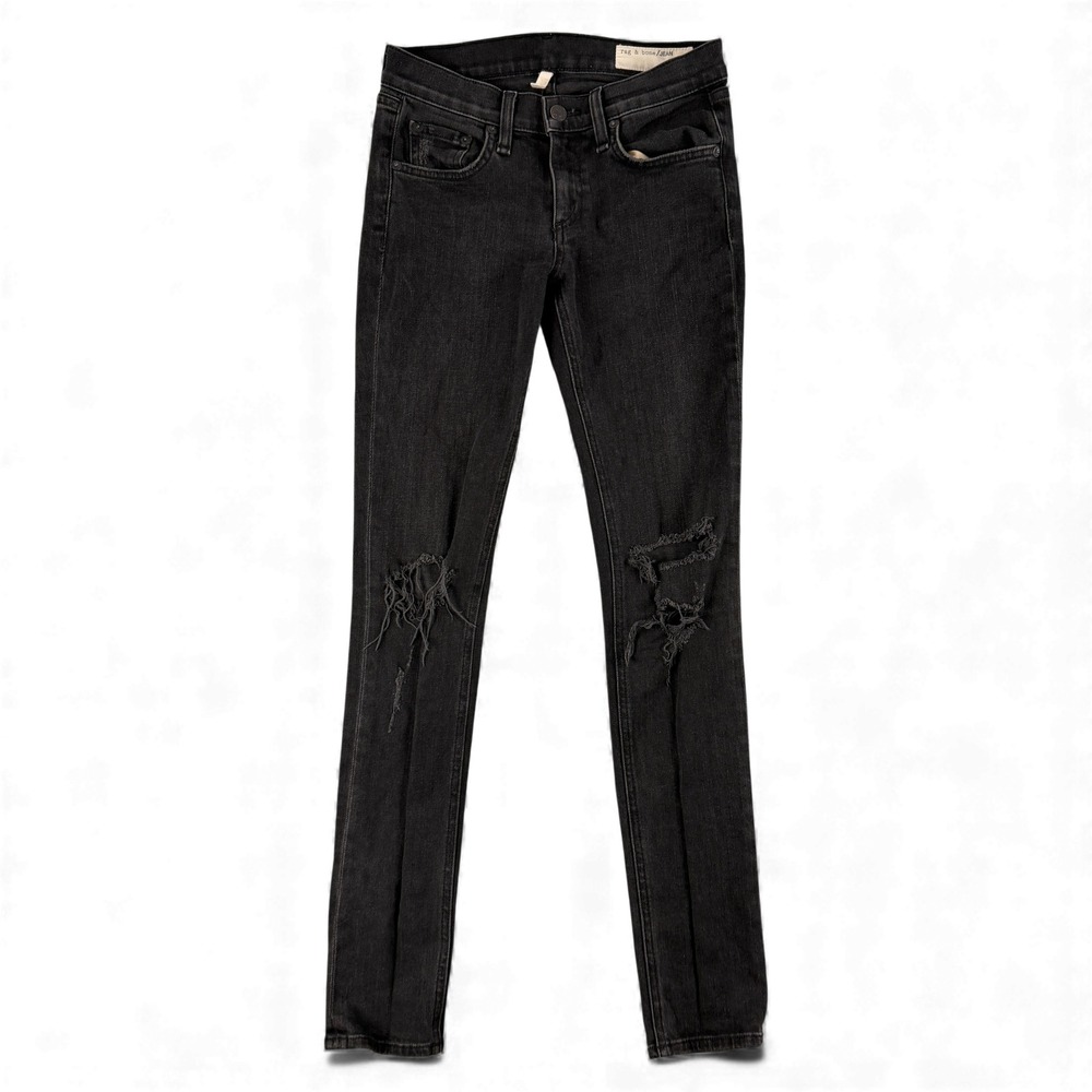 Rag & Bone Jeans Womens 25 Black Skinny Distressed Holes Mid Rise Stretch‎ Denim